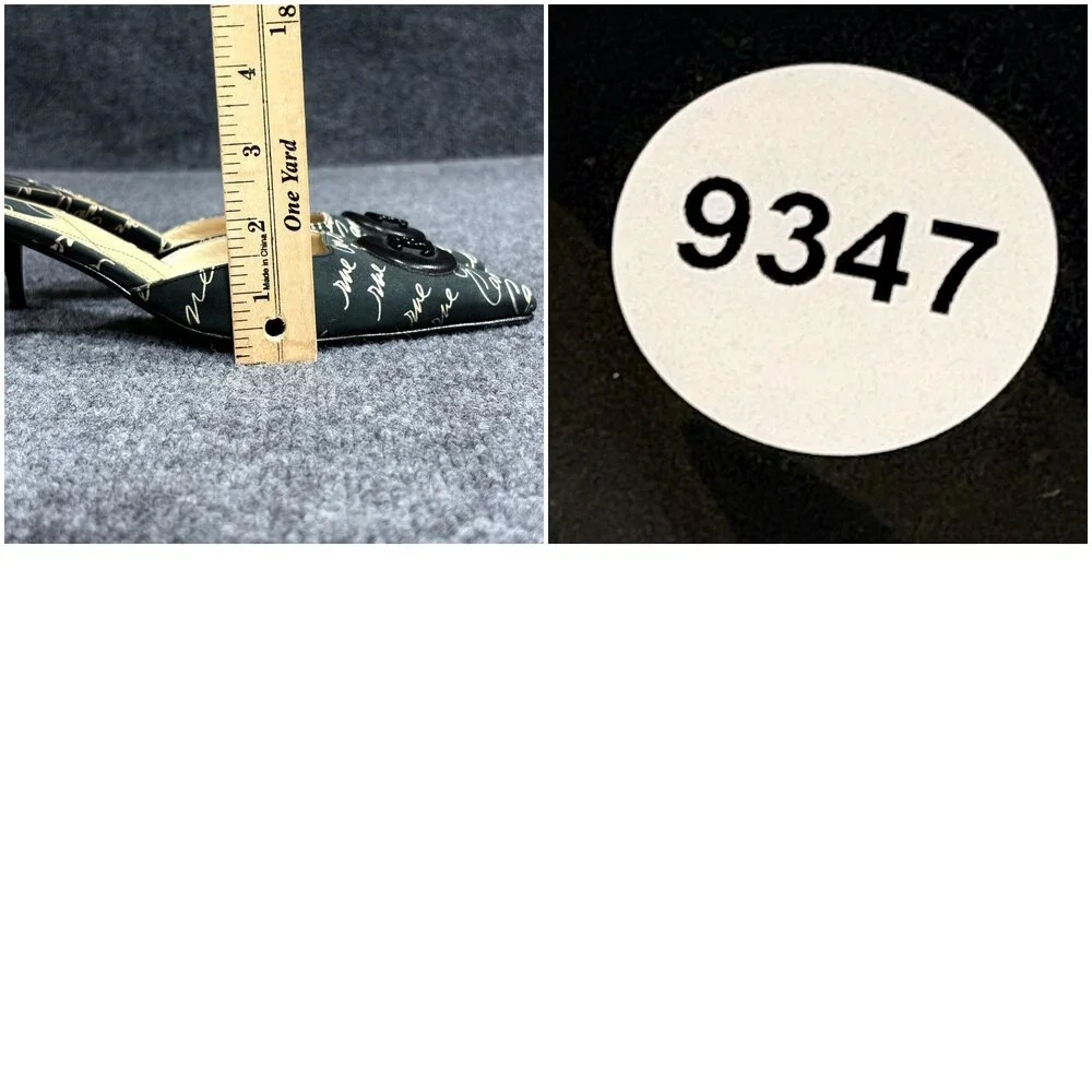 Vintage Chanel Shoes Womens 6 EU 36 Black Cruise Script Print Kitten Heel Mules